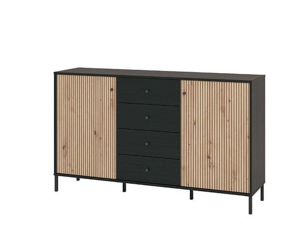 Bevalon Slatted Artisan Oak Effect And Black 157cm 2 Door 4 Drawer Sideboard - 11013540