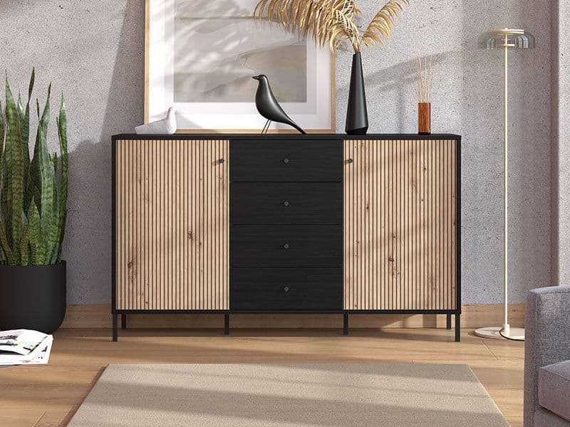 Bevalon Slatted Artisan Oak Effect And Black 157cm 2 Door 4 Drawer Sideboard - 11013540