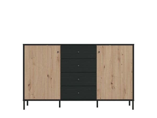 Bevalon Slatted Artisan Oak Effect And Black 157cm 2 Door 4 Drawer Sideboard - 11013540
