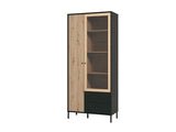 Bevalon Slatted Artisan Oak Effect And Black Tall 2 Door Display Unit Cabinet - 11013529