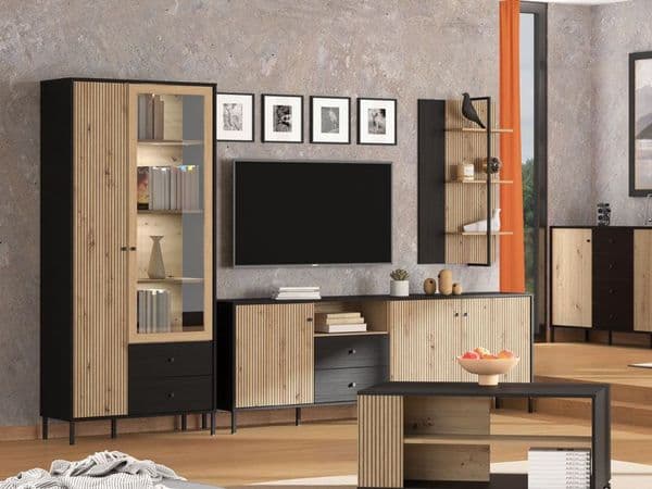 Bevalon Slatted Artisan Oak Effect And Black Tall 2 Door Display Unit Cabinet - 11013529