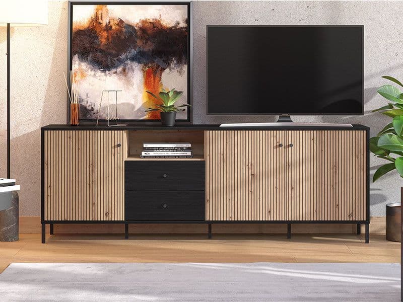 Bevalon Slatted Artisan Oak Effect And Black Wide TV Unit Cabinet With 3 Doors 11013530
