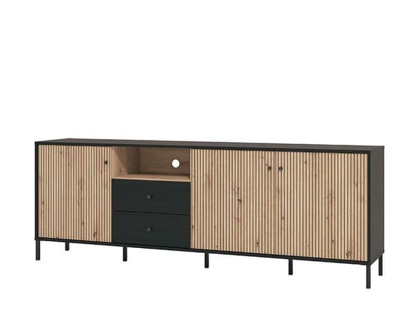 Bevalon Slatted Artisan Oak Effect And Black Wide TV Unit Cabinet With 3 Doors 11013530