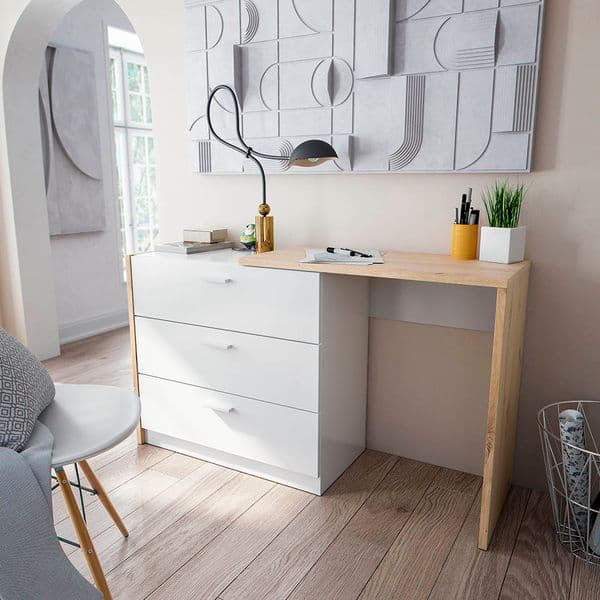Diver Space Saving Chest of Drawer Desk in White and Oak-017849W