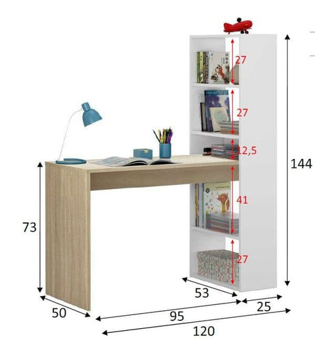Caden Oak and White Study Desk with Bookcase- 0F8314A