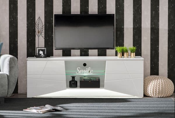 Simone Large White Gloss Tall TV Cabinet with LED Lights for TV up to 70 inch- 11009410