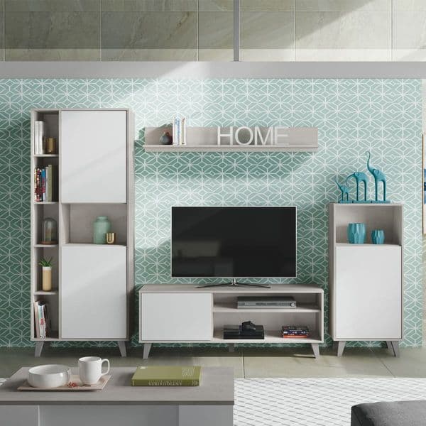 Archer White And Concrete Grey Effect Large TV Entertainment Wall Unit Cabinet- 016686L