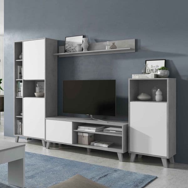 Archer White And Concrete Grey Effect Large TV Entertainment Wall Unit Cabinet- 016686L