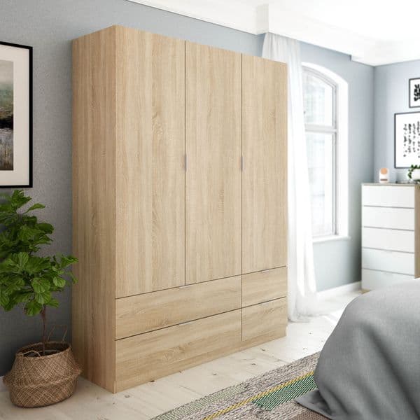 Spinda Canadian Oak Effect 3 Door 4 Drawer Space-Saving Wardrobe 135cm Wide- LCX453F