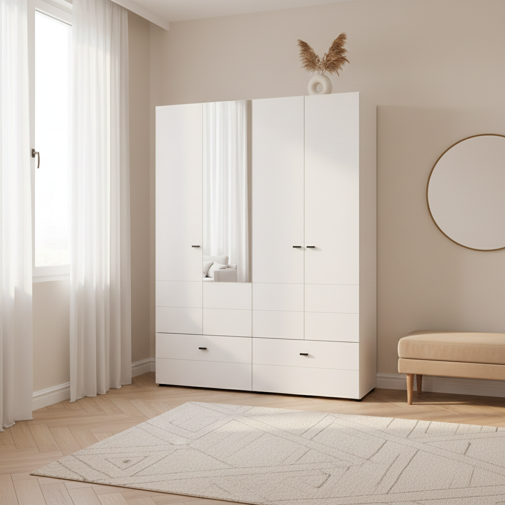 Nevaris White Narrow 4 Door 2 Drawer Space-Saving 155cm Wide Combination Wardrobe - 11014883