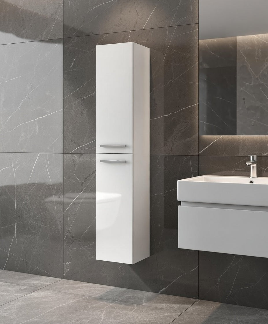 Sidi White Gloss 2 Door Wall Hung Floating Bathroom Storage Cupboard-305465BO