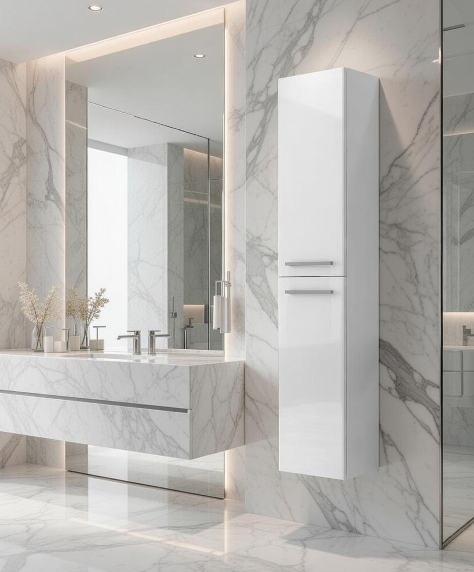 Sidi White Gloss 2 Door Wall Hung Floating Bathroom Storage Cupboard-305465BO