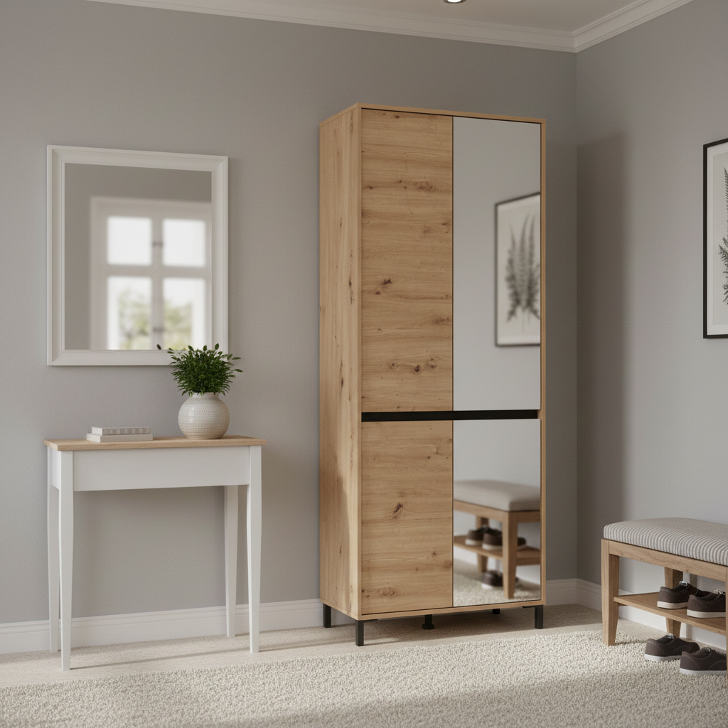 Flaneur Oak Effect Half Mirrored 40 Pair Tall Large Shoe Cabinet Cupboard - 11014079
