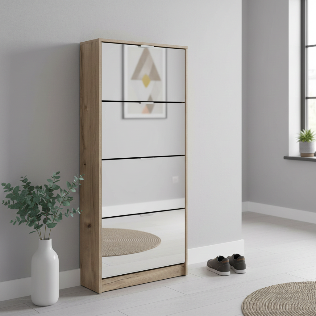 Sydney 4 Drawer Mirrored and Oak Effect Shoe Storage Cabinet - 11008541