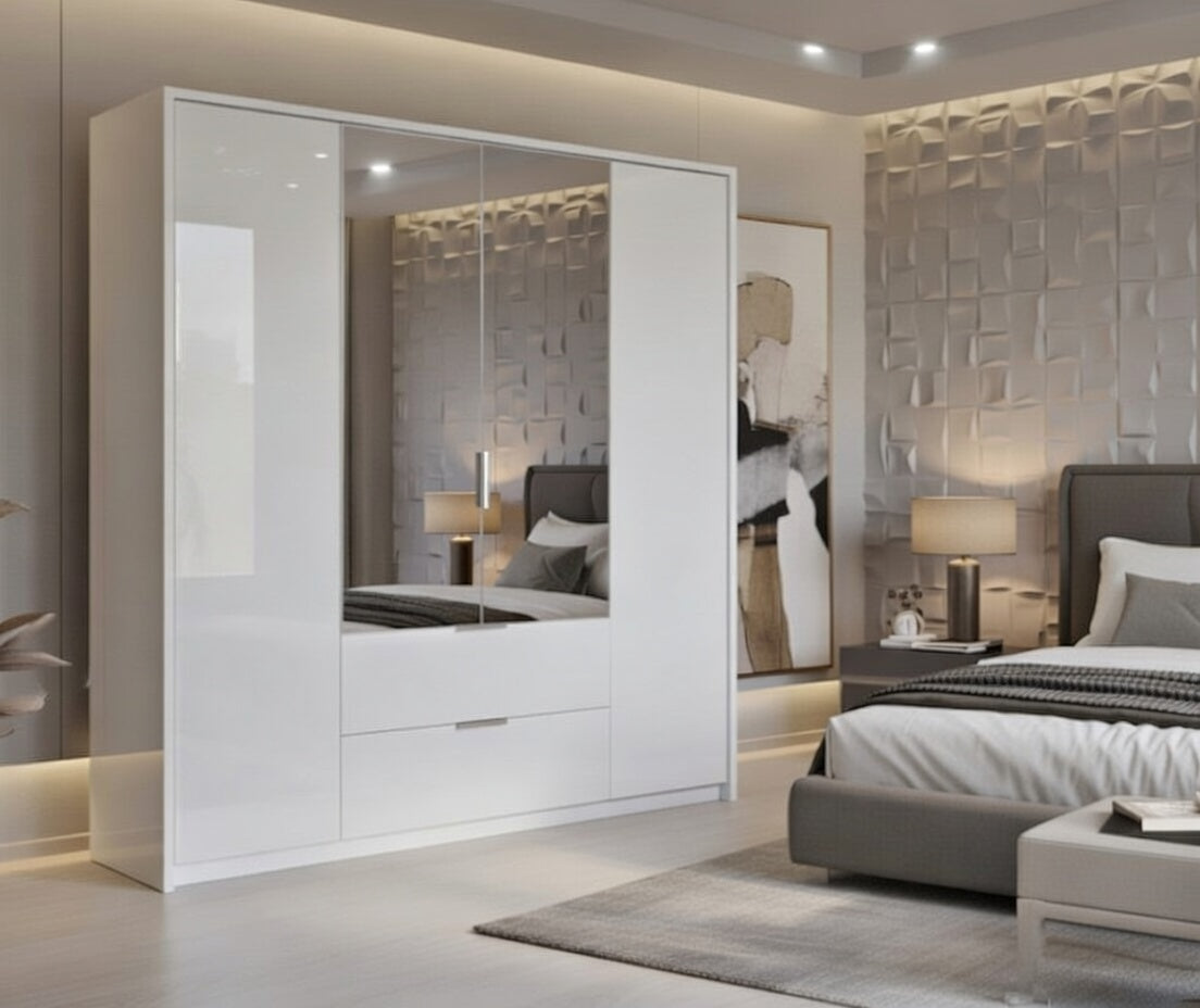 Guerlain 4 Door 2 Drawer White High Gloss Mirrored Wardrobe P4RXIF74