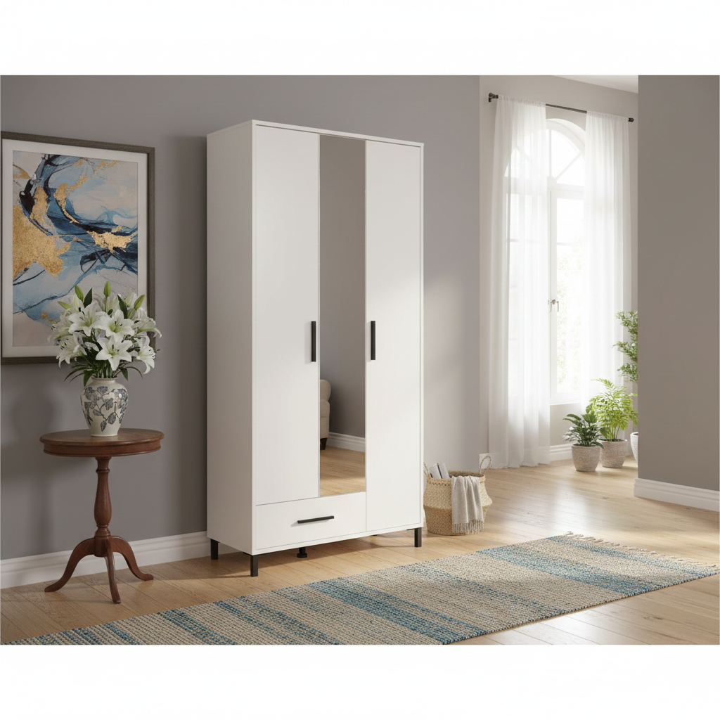 Orska White 3 Door Tall Shallow Depth Mirrored Wardrobe for Small Spaces - 11014281