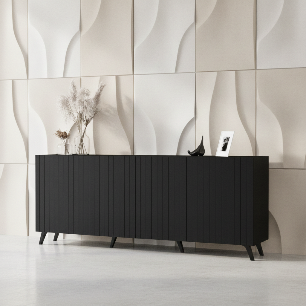Nora Matte Black Slatted 4 Door Wide Elegant Sideboard