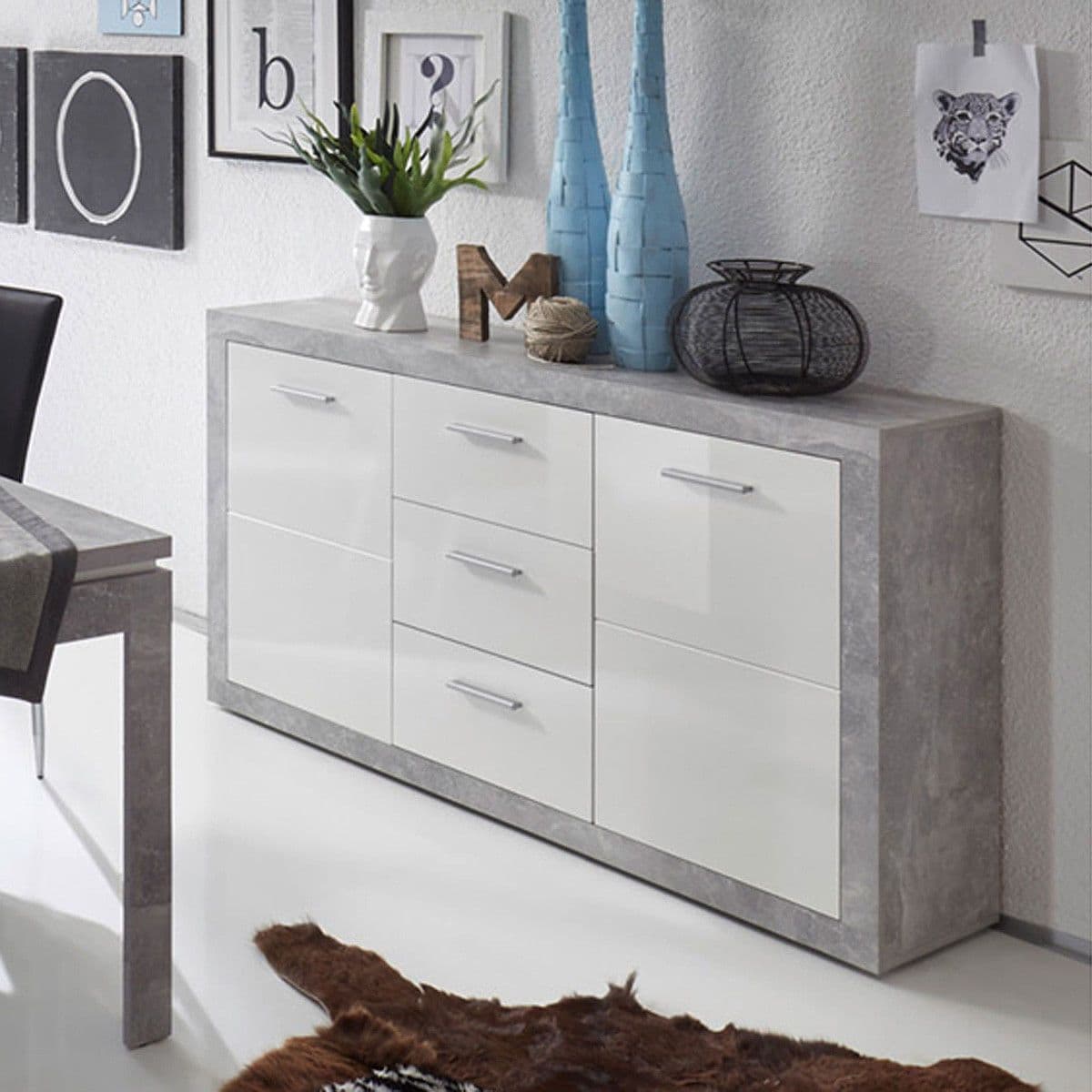 Cementara Concrete Grey and White High Gloss Large Sideboard with Drawers P9BBGS45