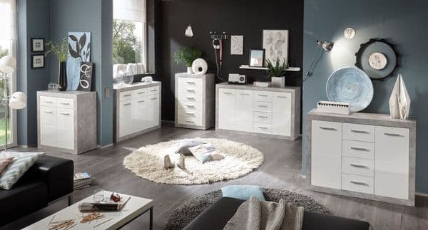 Cementara Concrete Grey and White High Gloss Sideboard 117cm Wide P9BBGS56