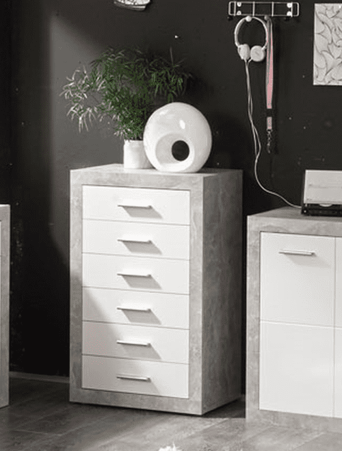 Cementara Concrete Grey and White High Gloss Tallboy Chest of Drawers P9BBGS46
