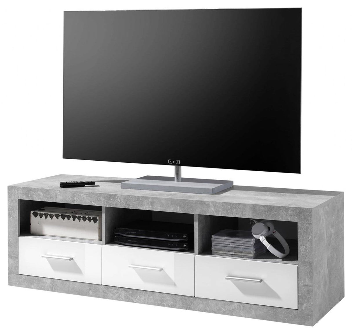 Cementara Concrete Grey Effect and White High Gloss TV Cabinet with Drawers P9BBGS63