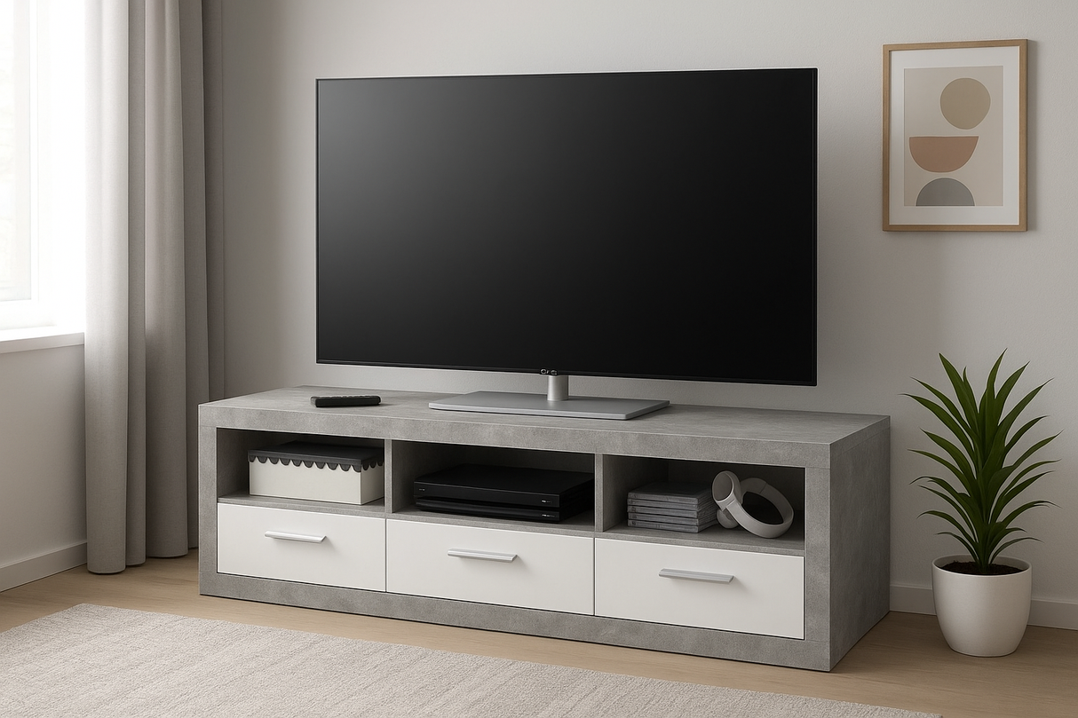 Cementara Concrete Grey Effect and White High Gloss TV Cabinet with Drawers P9BBGS63