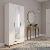 Orska White 3 Door Tall Shallow Depth Mirrored Wardrobe for Small Spaces - 11014281