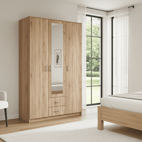Leo Oak Effect 3 Door 2 Drawer Triple Wardrobe with Mirror - 11008709