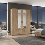Leo Oak Effect 4 Door 2 Drawer Large Wardrobe with Mirrors - 11008719