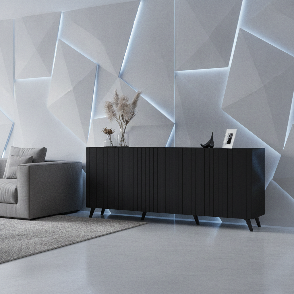 Nora Matte Black Slatted 4 Door Wide Elegant Sideboard