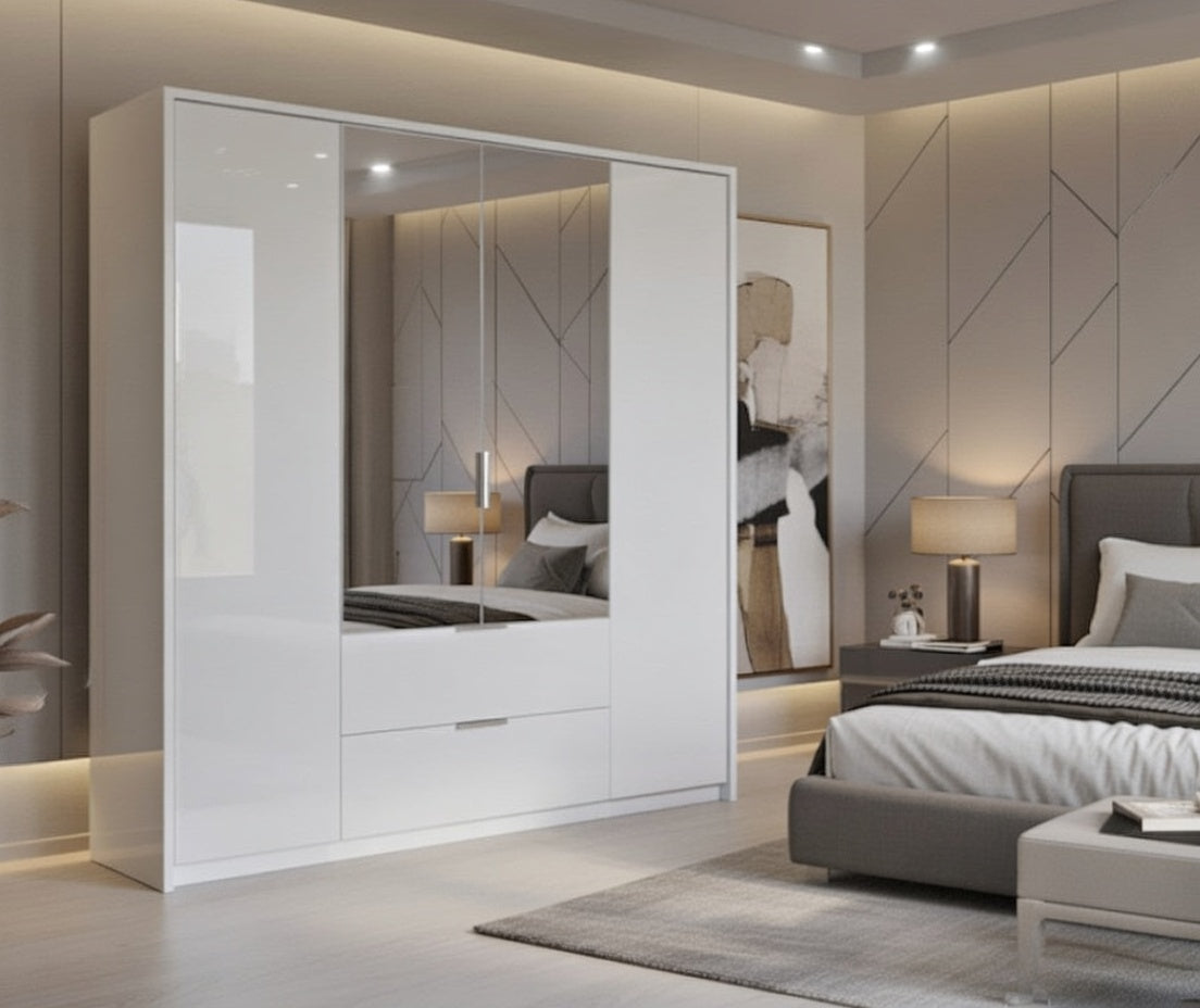 Guerlain 4 Door 2 Drawer White High Gloss Mirrored Wardrobe P4RXIF74