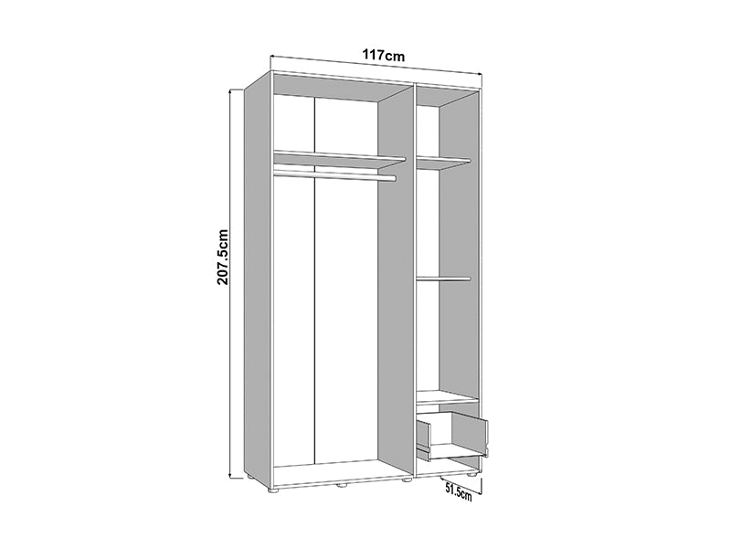 Nevaris White Narrow 3 Door 1 Drawer Space-Saving 117cm Wide Combination Wardrobe - 11014950