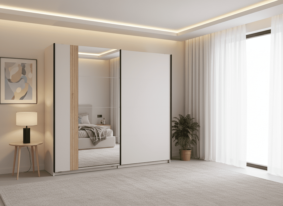 Elandra Cashmere Taupe And Artisan Oak Effect Large Mirrored Sliding Door Wardrobe 220cm 11013694