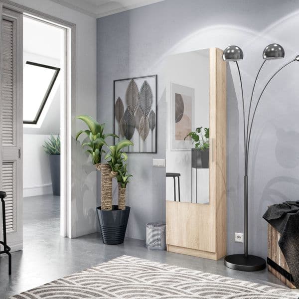 Florence Oak Tall Shoe Cabinet with Mirrored Door - 007864F