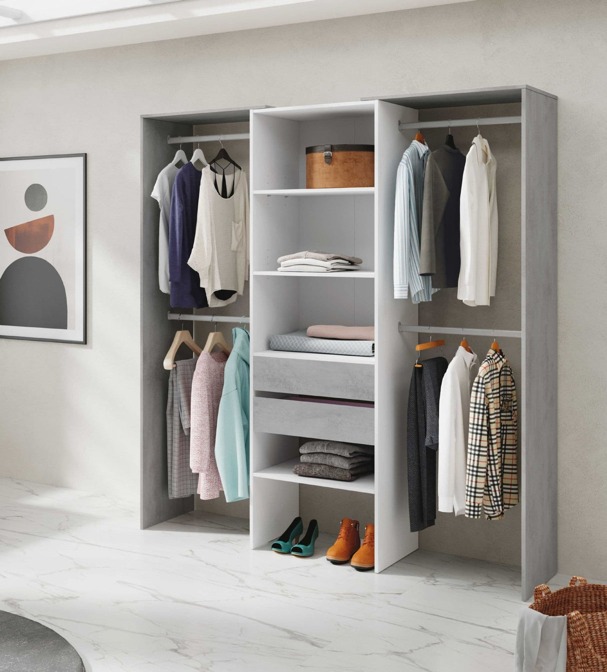 Flow Open Door Wardrobe in Ash Grey and White
