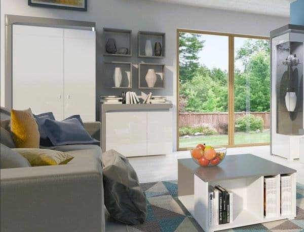 Serava White High Gloss And Grey 2 Door Wardrobe With Shelves and LED Lights - WHS2-NE013