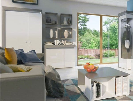 Serava White High Gloss And Grey 2 Door Wardrobe With Shelves and LED Lights - WHS2-NE013