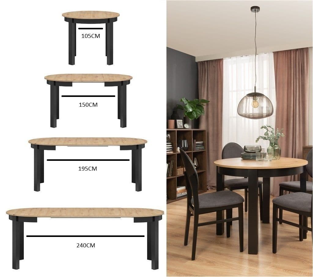 Laurent Black And Oak Effect Round Extending Dining Table - SZY-INDS2