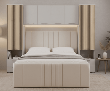 Miracle Cashmere Taupe and Slat Effect Overbed Unit with Double or Kingsize Bed Bedroom Furniture SET - 3484/ANDREA