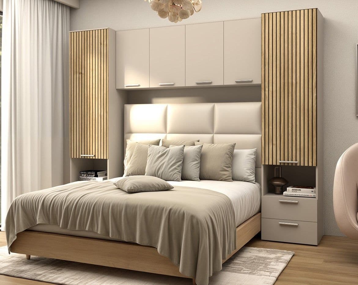 Miracle Cashmere Taupe and Slatted Oak Effect Overbed Storage Unit - 3484rz