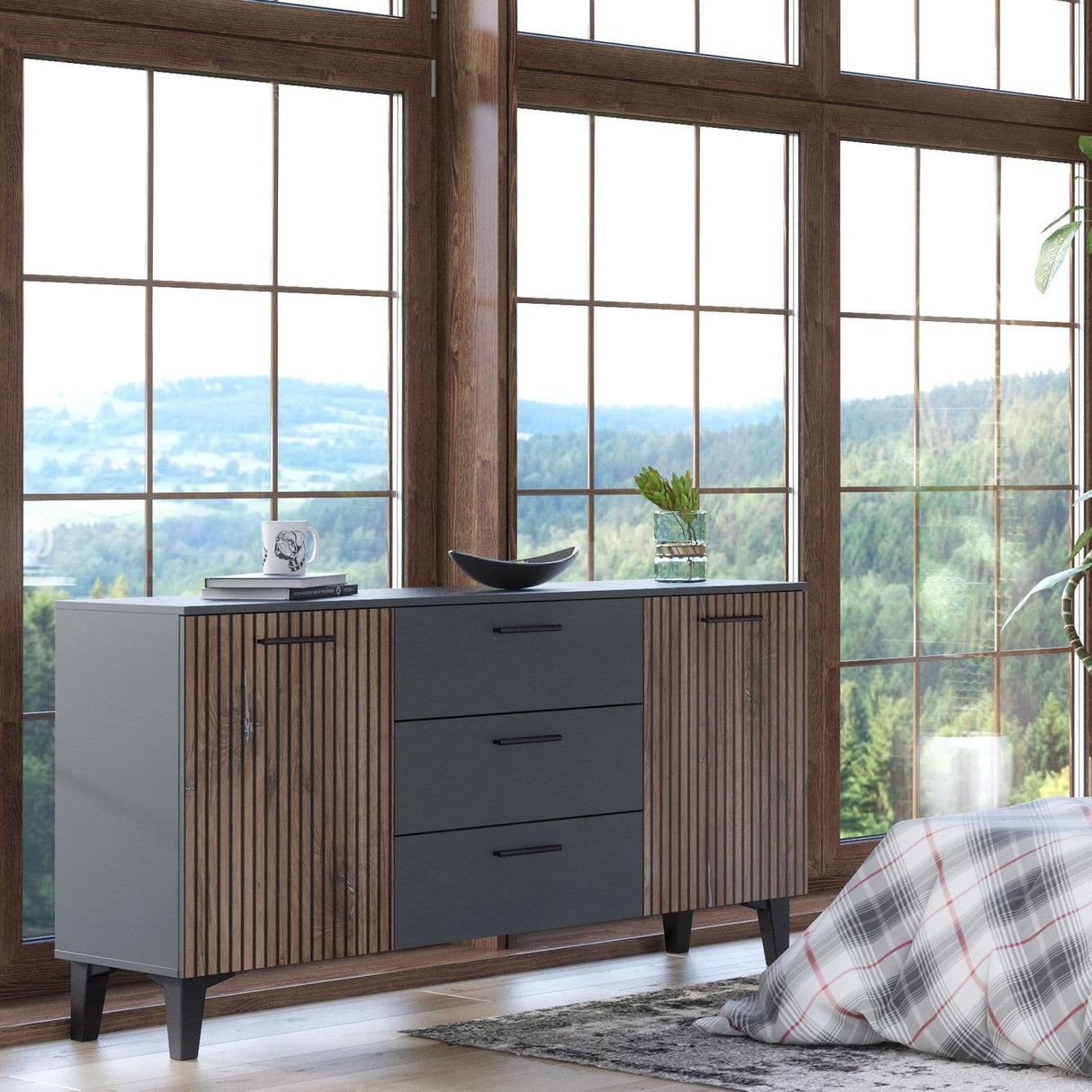 Miracle Slatted Sideboard in Grey & Rustic Oak