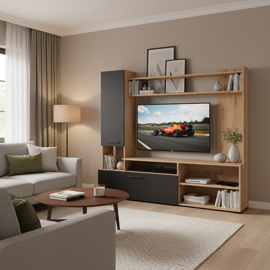 Algarve Artisan Oak Effect And Black Entertaiment Unit Wall TV Cabinet - 11011452
