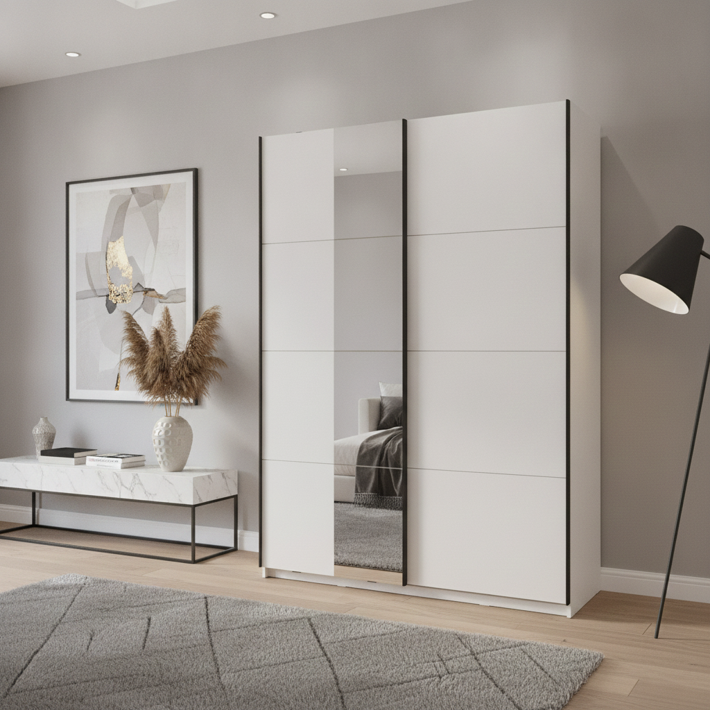 Noah White Mirrored Sliding Door Wardrobe 145cm - 11013481