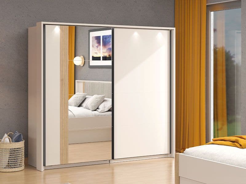 Elandra Cashmere Taupe And Artisan Oak Effect Large Mirrored Sliding Door Wardrobe 220cm 11013694