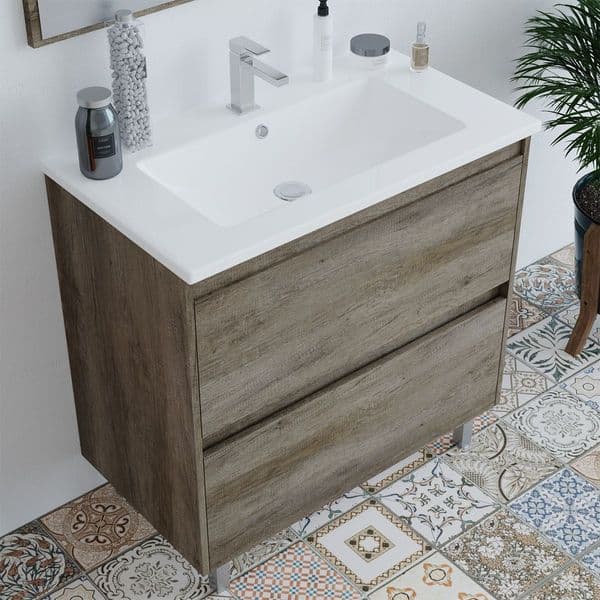Pico 800mm Oak Effect 2 Drawer Bathroom Vanity Cabinet with Sink And Mirror -305040H
