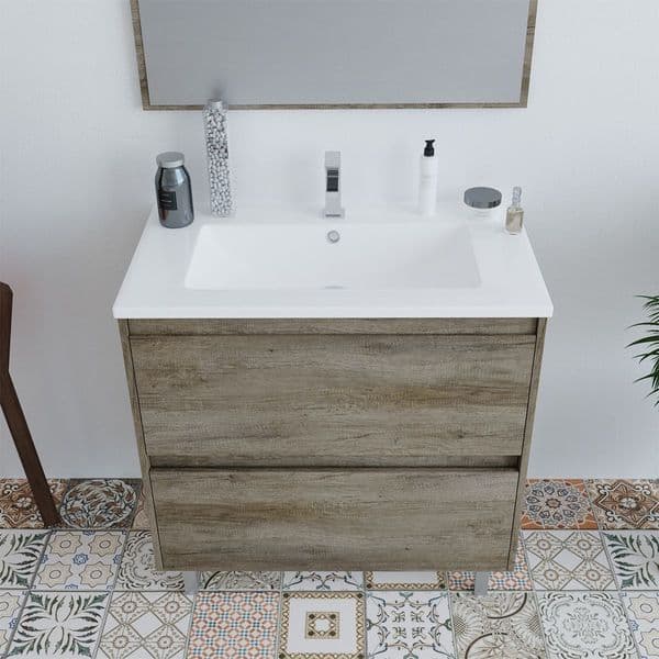 Pico 800mm Oak Effect 2 Drawer Bathroom Vanity Cabinet with Sink And Mirror -305040H