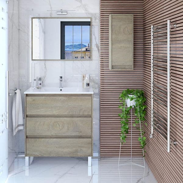 Pico Grey Oak Effect 1 Door Small Wall Mounted Floating Bathroom Storage Cupboard-305090C