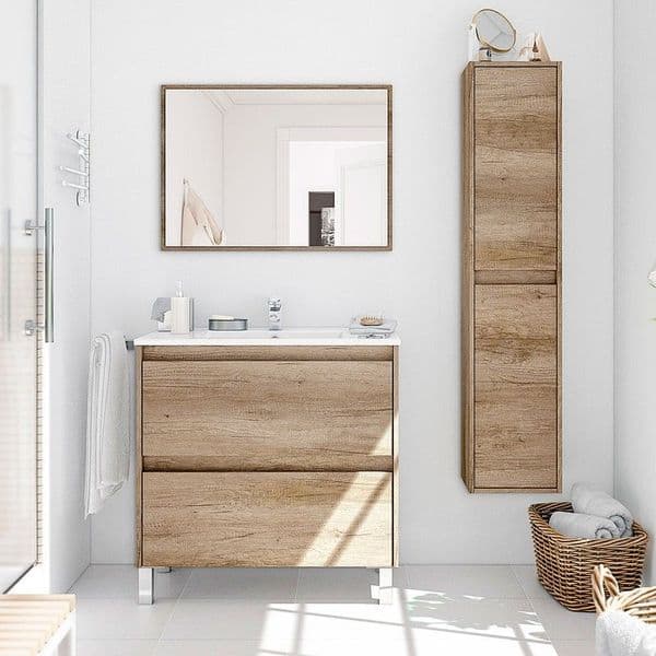 Pico Nordic Oak Effect Tall 2 Door Wall Mounted Floating Bathroom Storage Cupboard-305070H