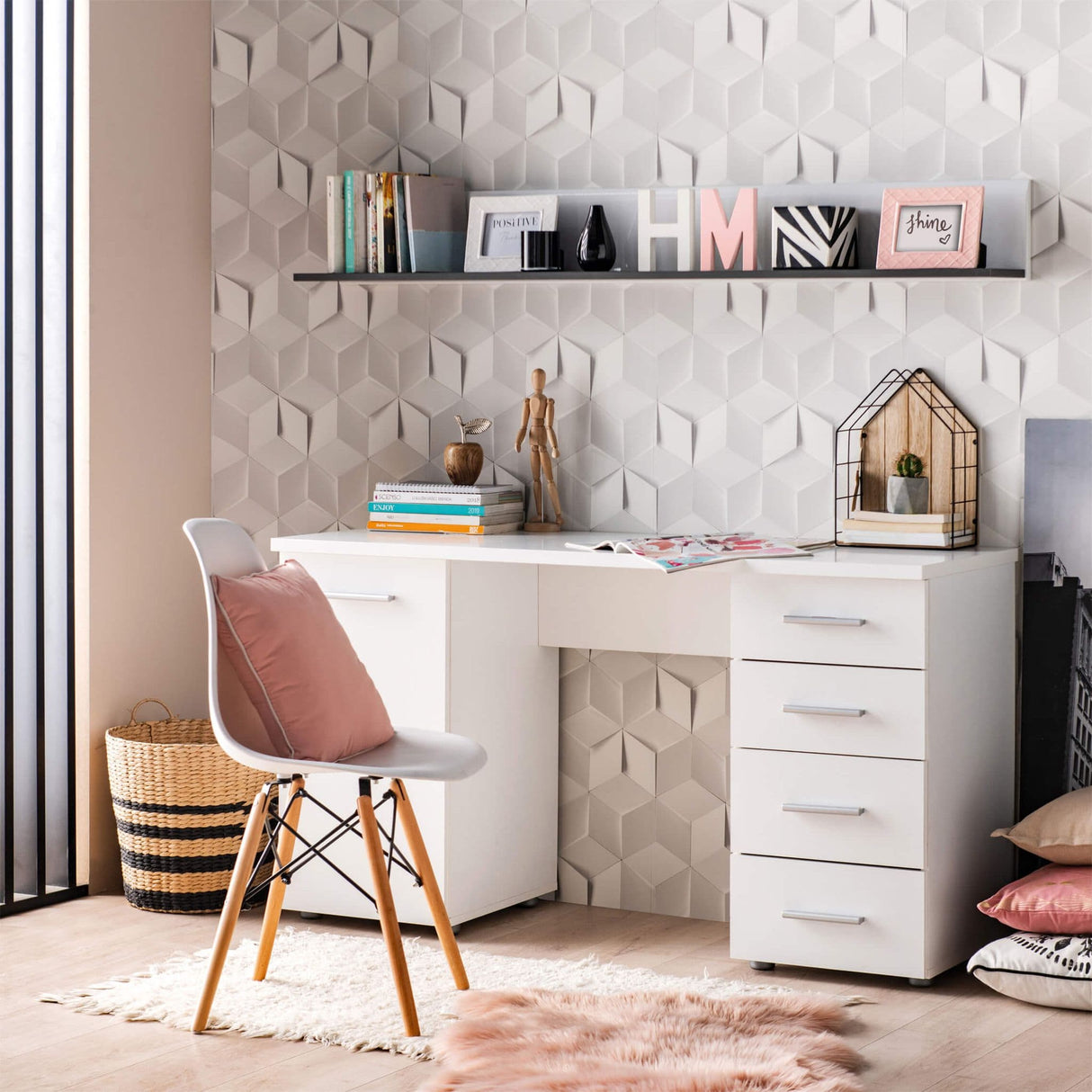 Karma Desk With Drawers and Cupboard in Pure White