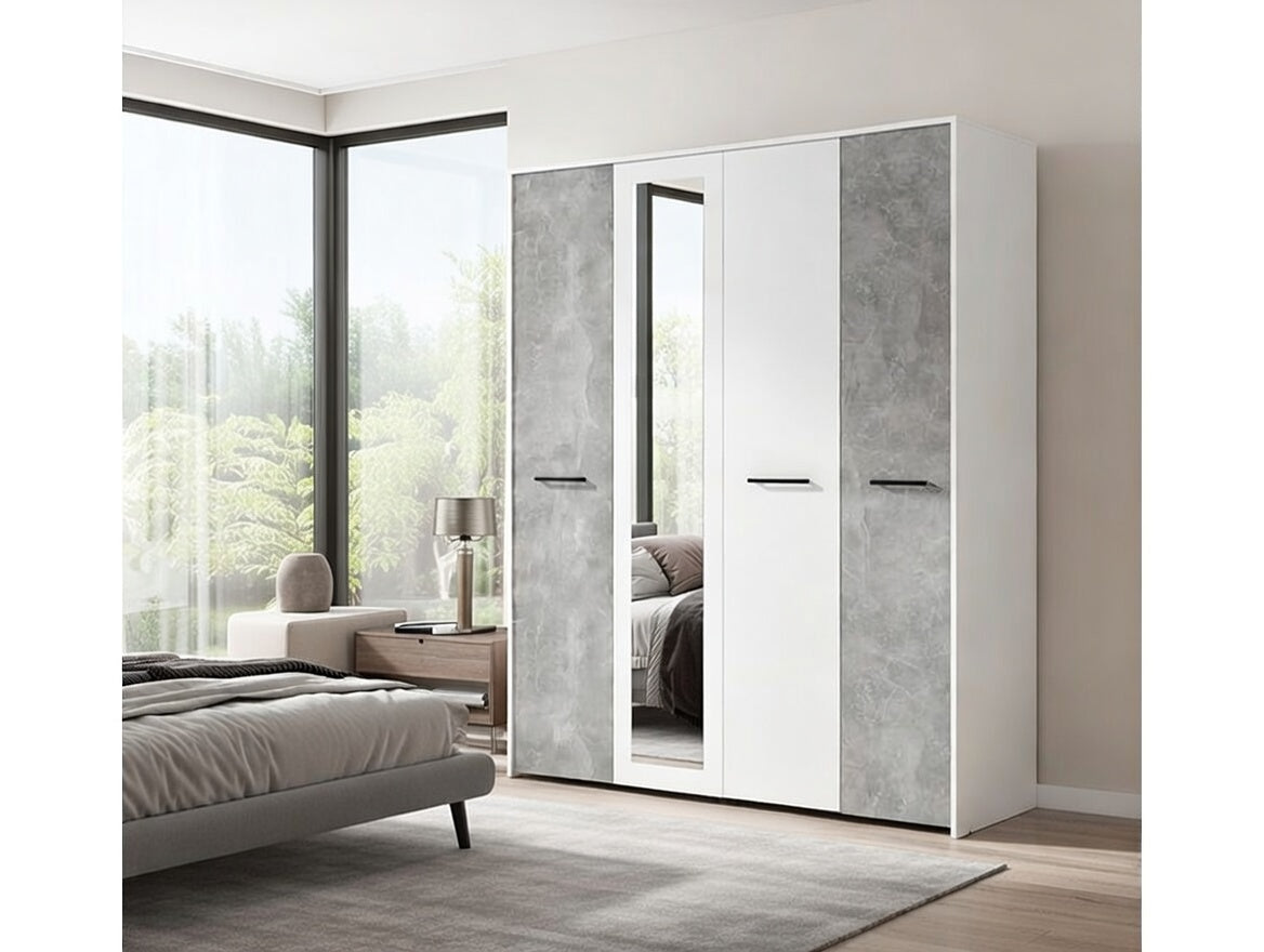 Varadero White And Concrete Grey Effect 4 Door 157cm Mirrored Wardrobe - 11011615rz
